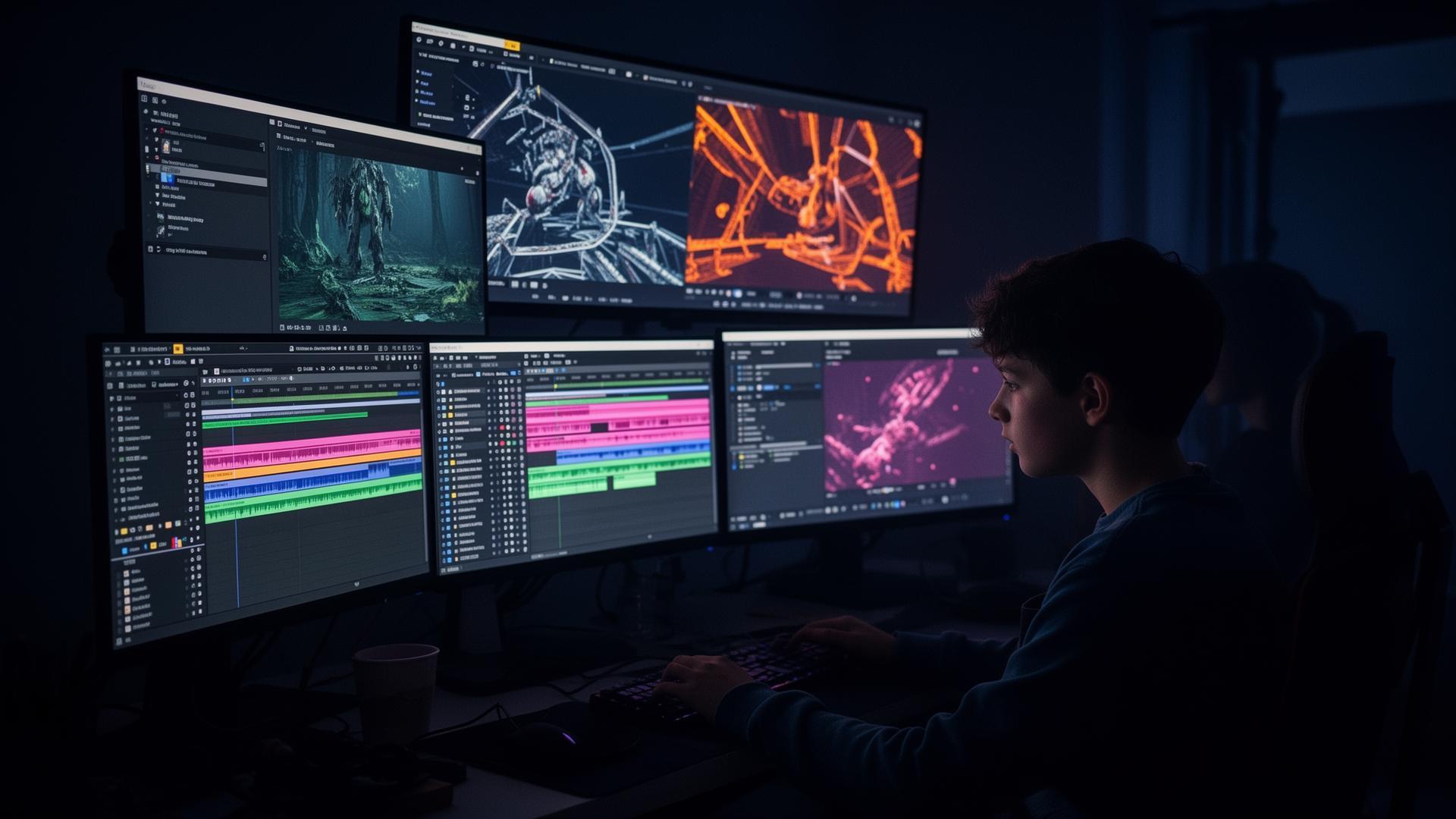 Student learning VFX compositing on multiple monitors
